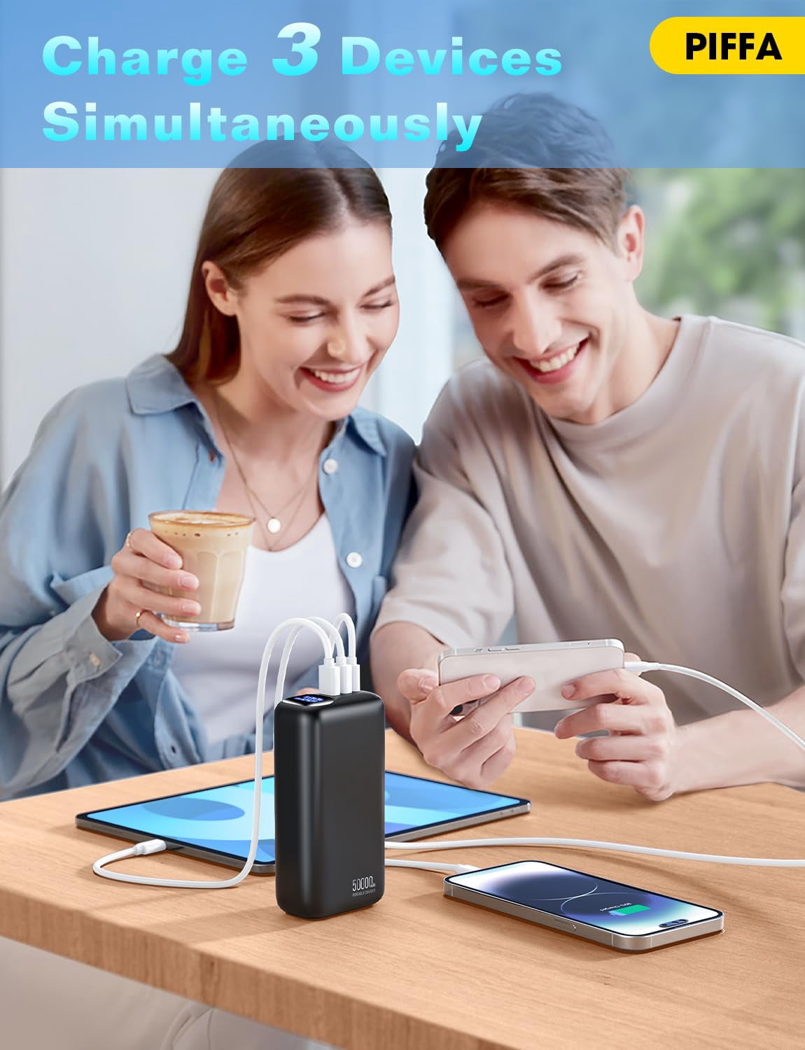 PIFFA Portable Charger Power Bank - 50000mAh Battery Pack, 22.5W Fast Charging Powerbank,Travel Essential for Portable Phone Charger, USB-C Phone Charger for iPhone 17/16/15/14/13 Samsung Google-Dark