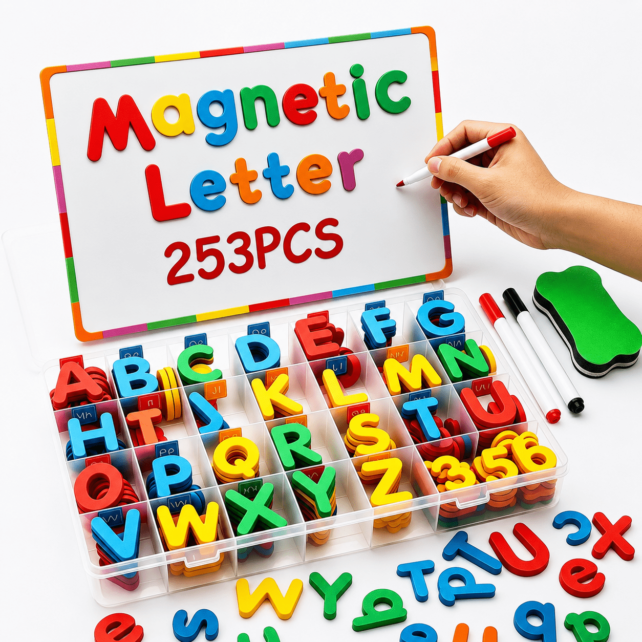 LotFancy Magnets Alphabet Letters and Numbers Kit 253 Pcs w/Magnet Board for Kids Spelling, Learning