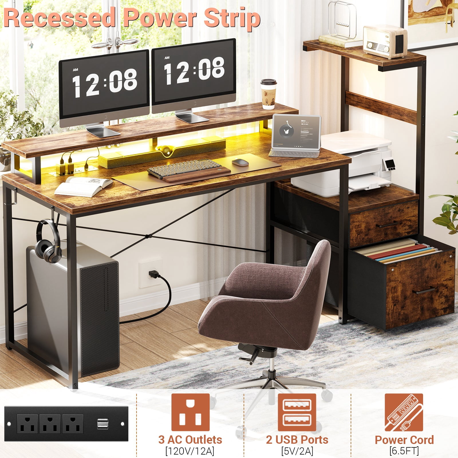 Homieasy Gaming Desk with LED Light Strip and Power Outlet, 59 Inch Reversible Computer Gaming Desk with Monitor Stand & Drawers, Rustic Brown
