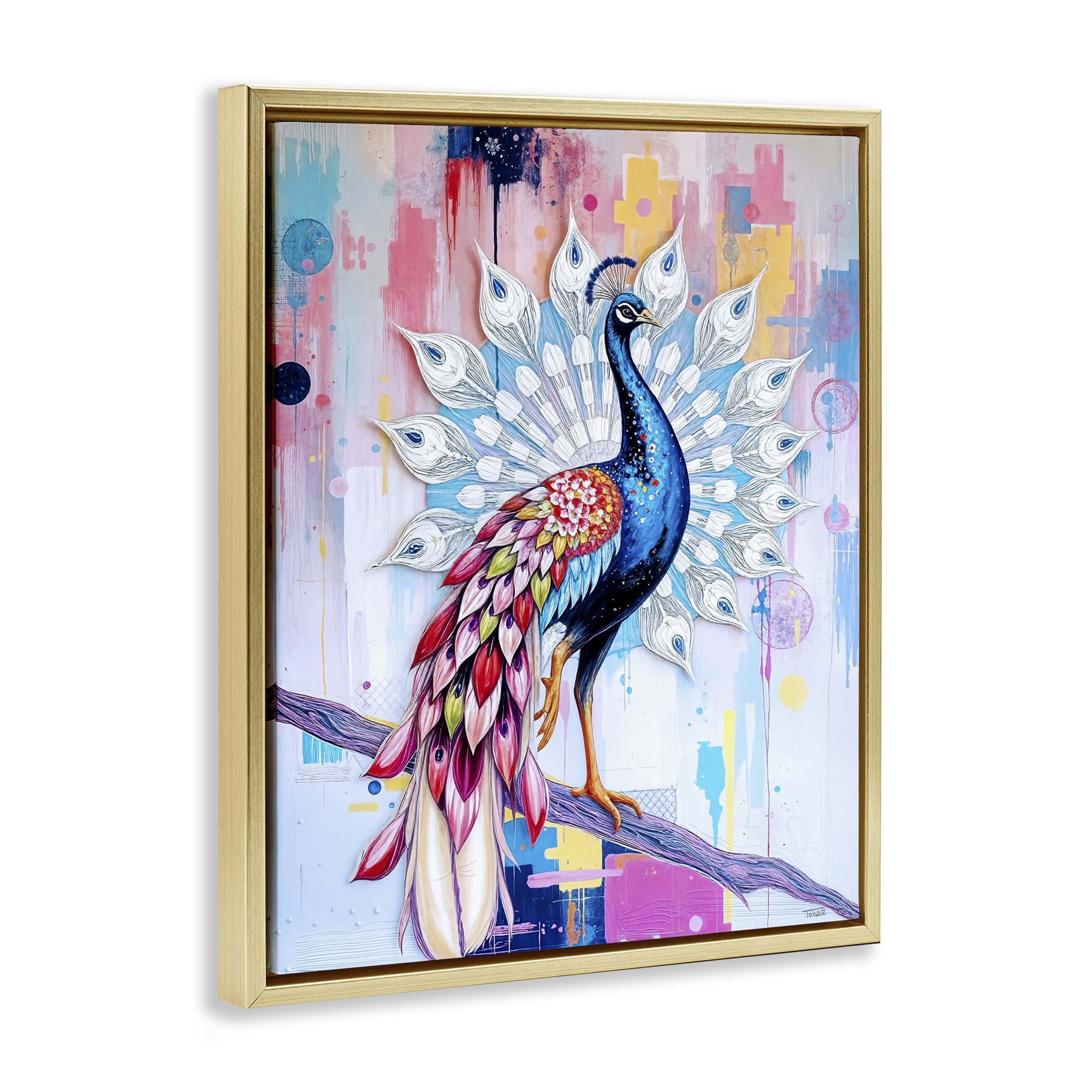 Stupell Industries Radiant Peacock on Branch Gold Framed Floater Canvas Wall Art, design by Tabz Jones