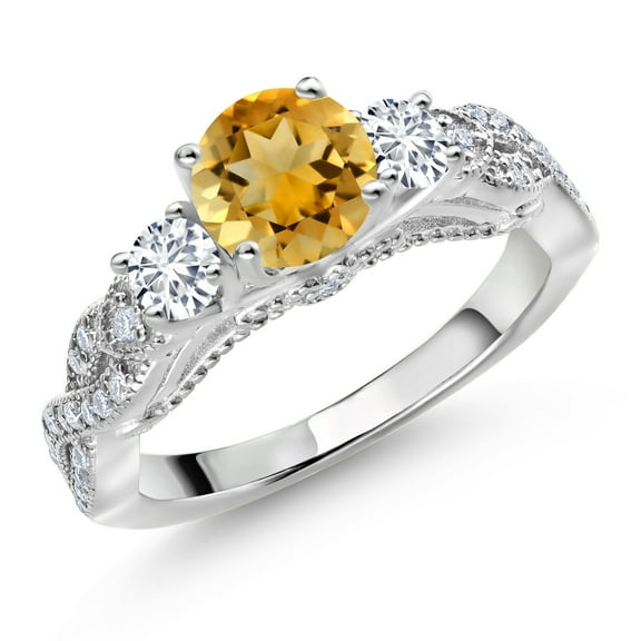 Gem Stone King 925 Sterling Silver Yellow Citrine White Lab Grown Diamond and White Moissanite Engagement Ring for Women (1.27 Cttw, Gemstone November Birthstone, Round 6MM and 3MM, Size 7)