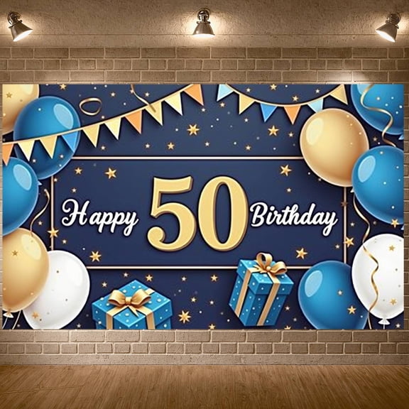 Blue Gold Theme Happy 50th Birthday Banner Star Pattern 50th Birthday Display Balloon Decor Gift Box Design 50th Celebration Background for 50th Birthday Party Adult Celebration Milestone Event