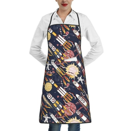 

Qekee Cartoon Space 1 Print Adjustable Bib Apron Resistant with Pocket Cooking Kitchen Aprons for Women Men Server Chef Apron