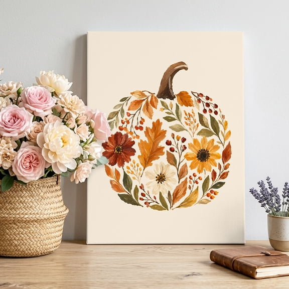 Fall Pumpkin Shape Canvas Wall Art for Living Room Bedroom Bathroom, Harvest Autumn Leaves Sunflowers Rustic Country Canvas Art Wall Decor, Artwork for Walls Home Office Decor, 12"x16"
