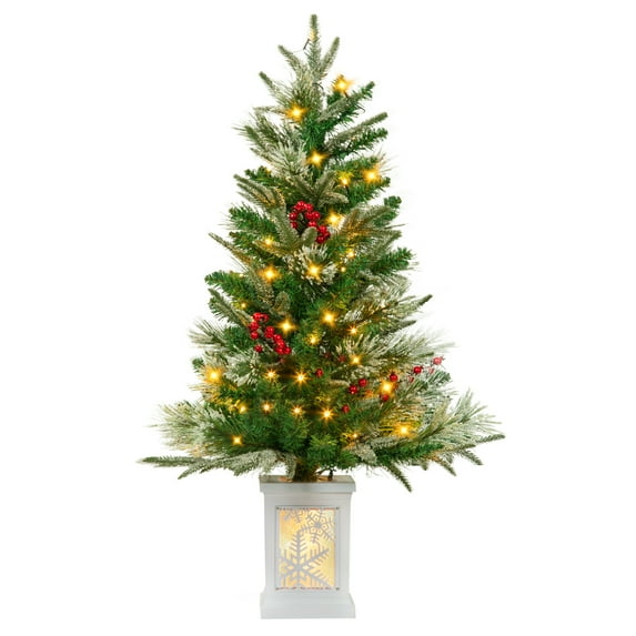 Pre-Lit Artificial Christmas Tree, 3ft Potted Xmas Full Tree, Premium Snow Flocked Xmas Pine Tree with 50LED Lights & Flower Pot for Christmas Decoration, Home, Office, Party Decoration