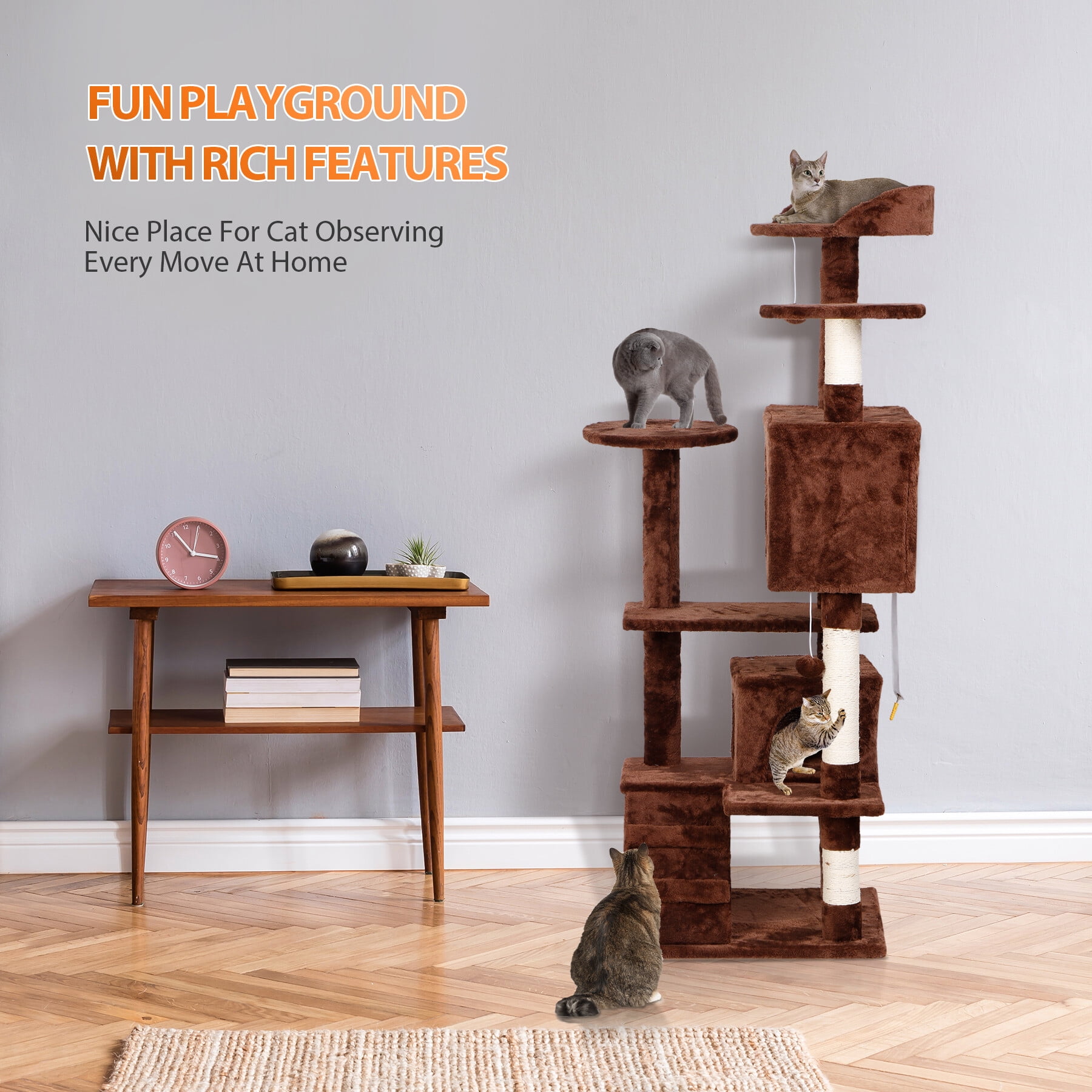 HomGarden 53'' Multi-Level Cat Tree Condo Cat Tower W/Scratching Posts & Plush Perch, Brown