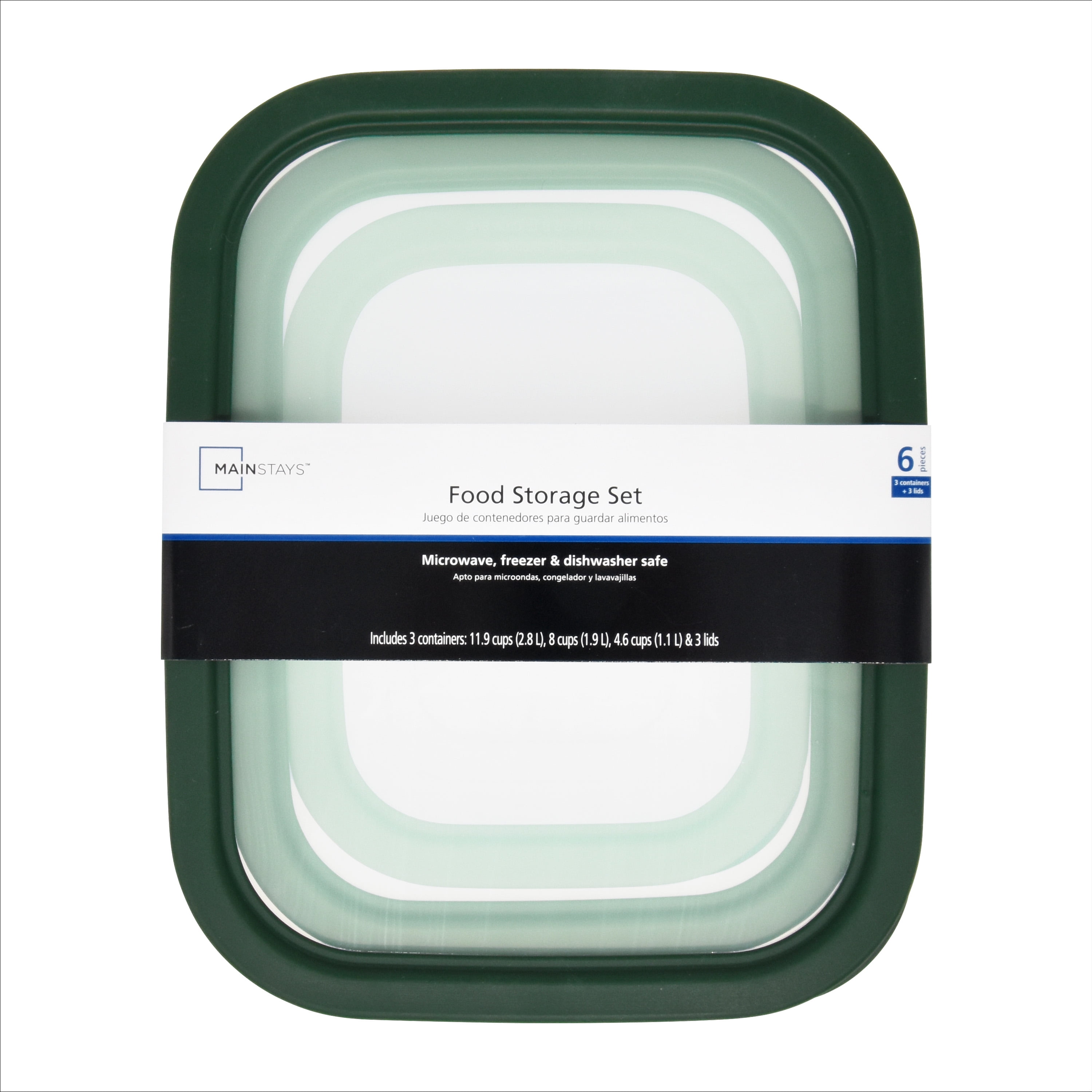 (4 pack) Mainstays Green Plastic Food Storage Container Set, Durable, 4.6 Cup or 8 Cup or 11.9 Cup, 6 Count