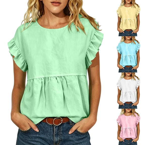 Sheghy Summer Tops for Women 100%Cotton Women's Casual Spring Summer Solid Crew Neck Short Sleeve T-Shirt Top