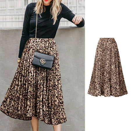 Summer Women Fashion Leopard Printing A-Line Long Pleated Skirt yellow XL