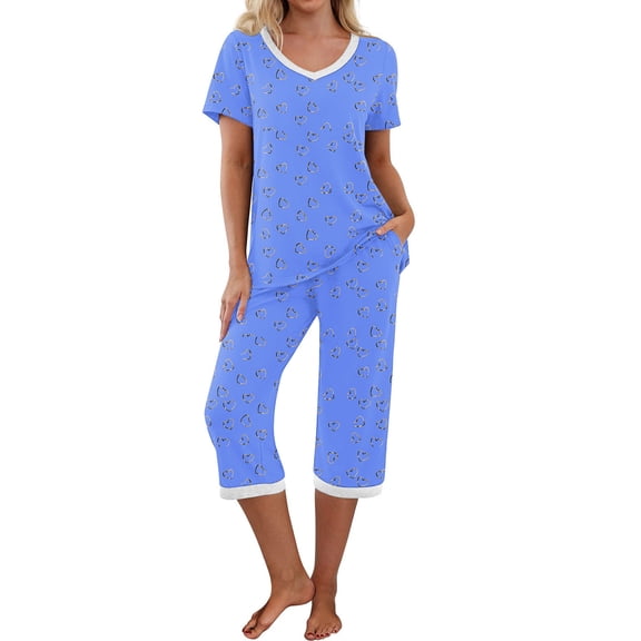 Tnhcen Women's Sleepwear Capri Pajama Sets Short Sleeve Two-Piece Pjs Homewear Round Neck Tops & Capri Pants with Pockets