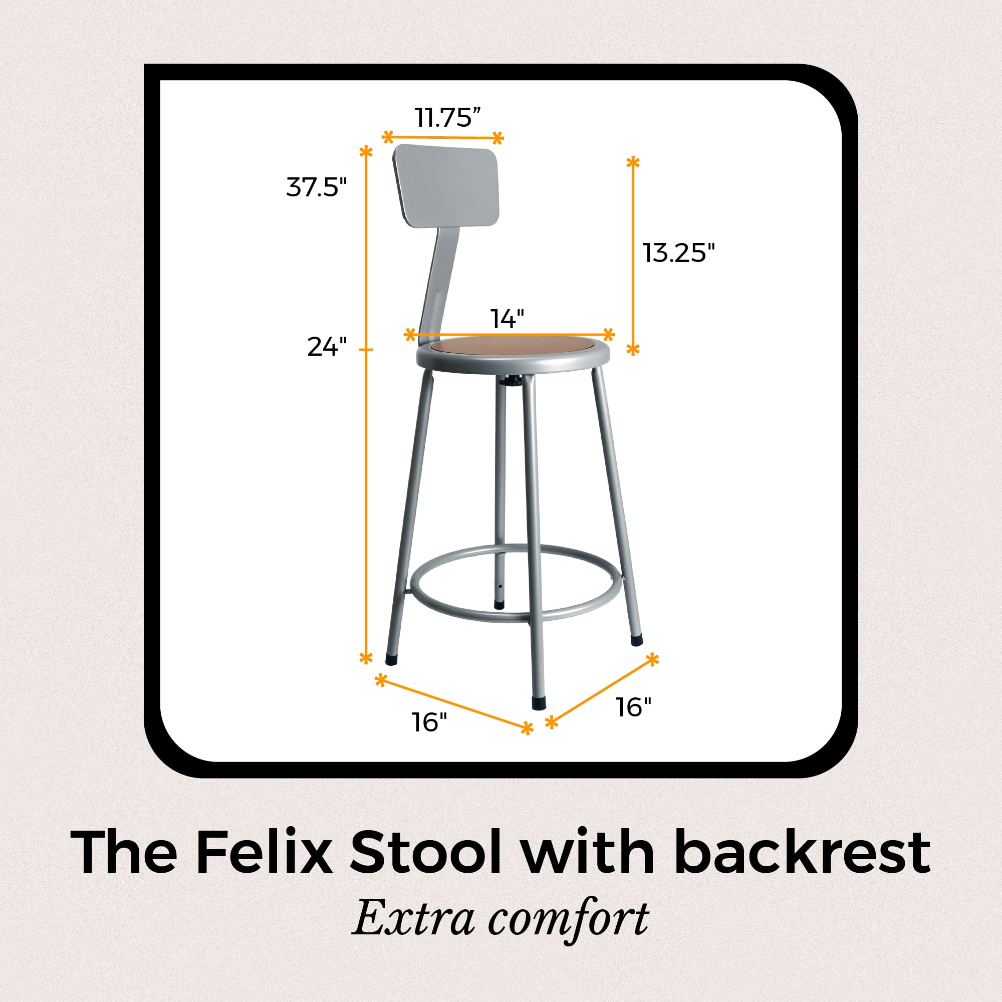 Hampden Furnishings Felix Collection 24-Inch Steel Stool with Backrest, Grey, AssemblyReady
