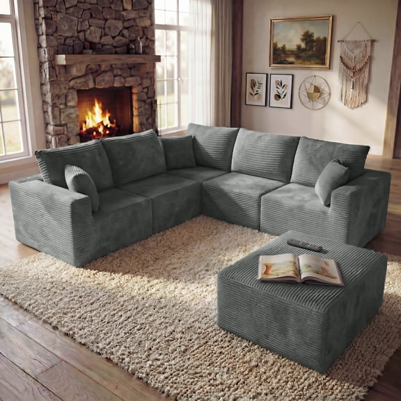 Homall V Shaped Corner Modern Sofa Sectional Cloud Couch with Deep Seat No Assembly Required Corduroy Fabric Couches for Living Room and Apartment,Gray