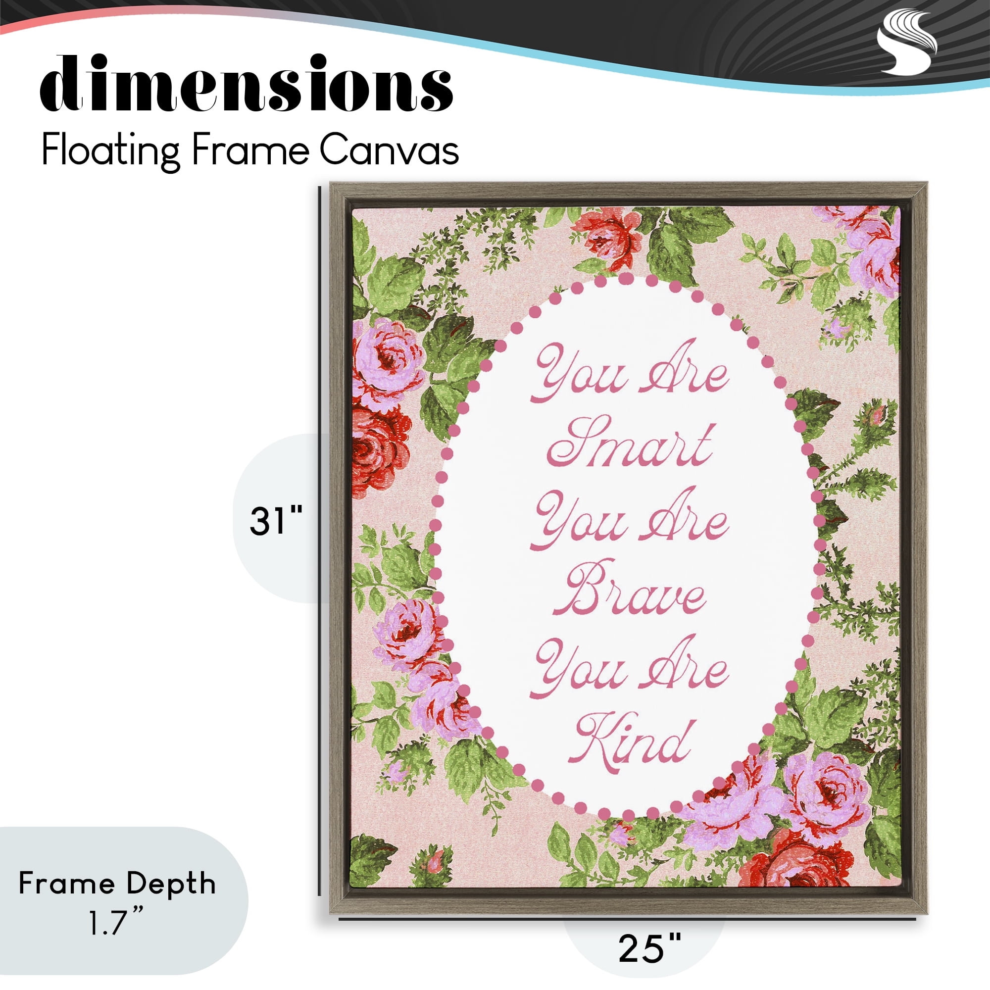 Stupell Industries Smart Brave & Kind with Vintage Florals Brown Framed Floater Canvas Wall Art, design by Lil' Rue