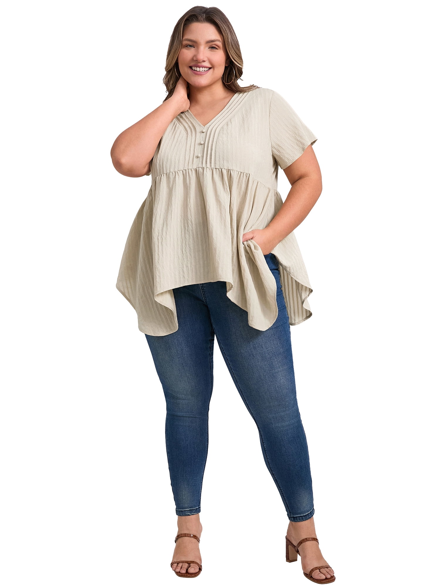 DARING DIVA Women's Plus Size V Neck Short Sleeve Asymmetric Hem Babydoll Top 2X Apricot
