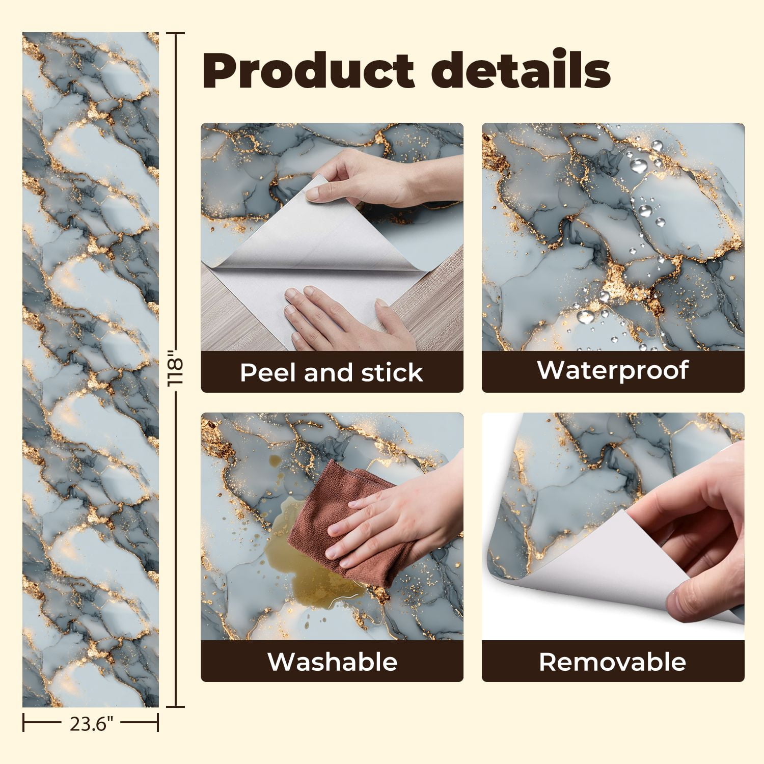 Peel and Stick Wallpaper Elegant Blue Gold Marble Abstract Art Fluid Patterns Wall Mural 23.6in x 9.8ft Self Adhesive Removable Wall Paper Renter Friendly Wallpaper for Nursery Bedroom Cabinets