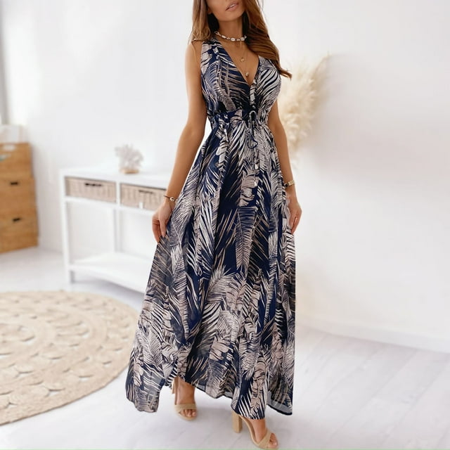 DPTALR Femmes V-Cou Sleexeless Print Ouvert Dos Casual Licol Mi-Mollet Longue Robe