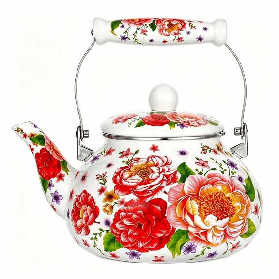 ACDANC 2.6 Quart Floral Enamel Tea Kettle,Vintage Enameled Teapot Stovetop,Enamel on Steel Water Coffee Tea Pot with Ceramic Handle,Colorful Hot Water Kettle for Home Kitchen Decor