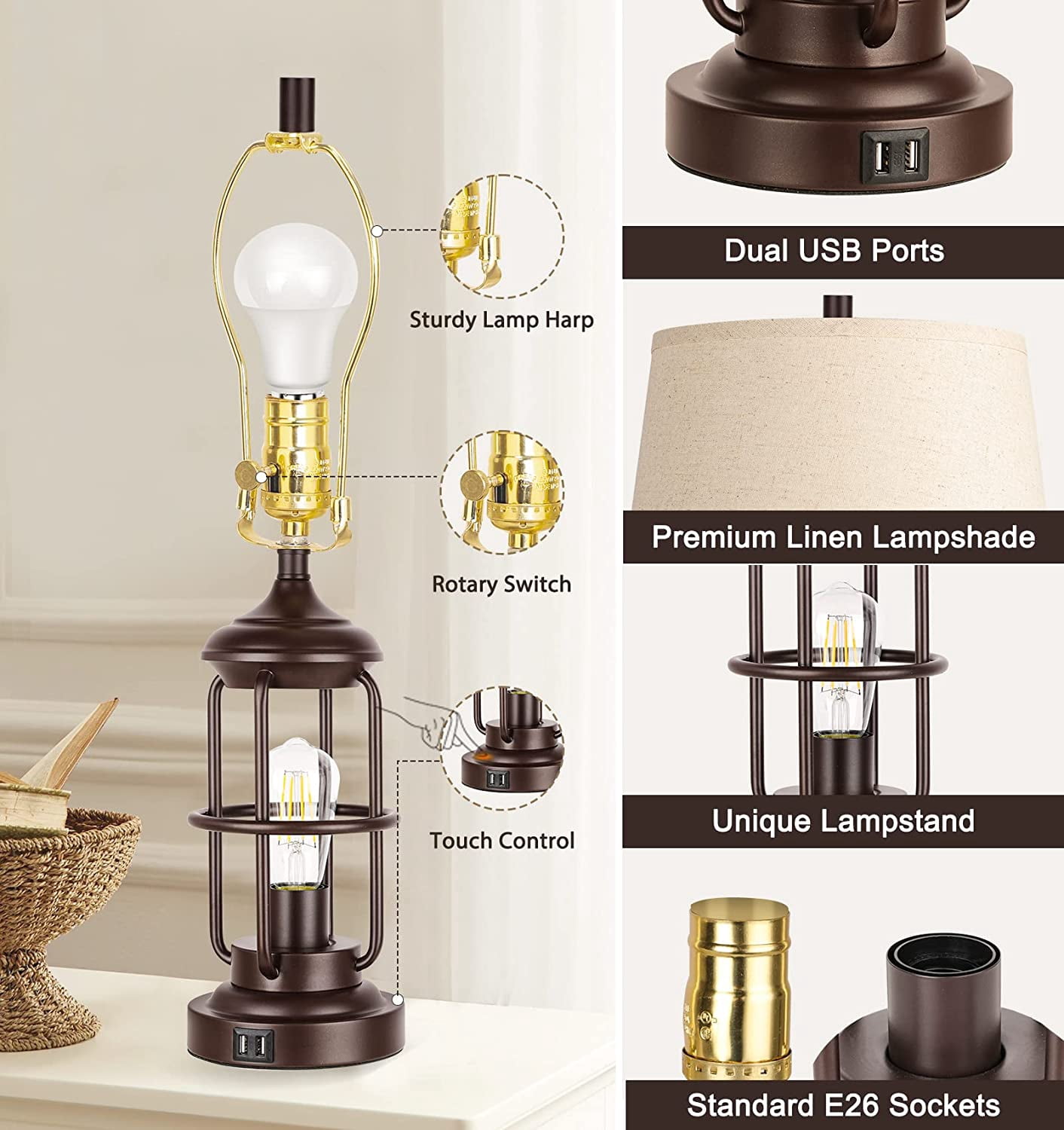Partphoner Farmhouse Rustic Nightstand Lamp Set of 2 with USB Ports, Touch Control 3-Way Dimmable