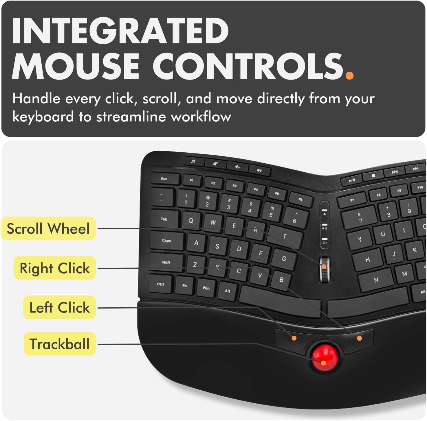X9 Performance Ergonomic Wireless Keyboard with Trackball - Rechargeable, Backlit, Built in Mouse Buttons - 2.4G Split Keyboard Wireless for Windows PC and Chrome - All in One Typing Solution
