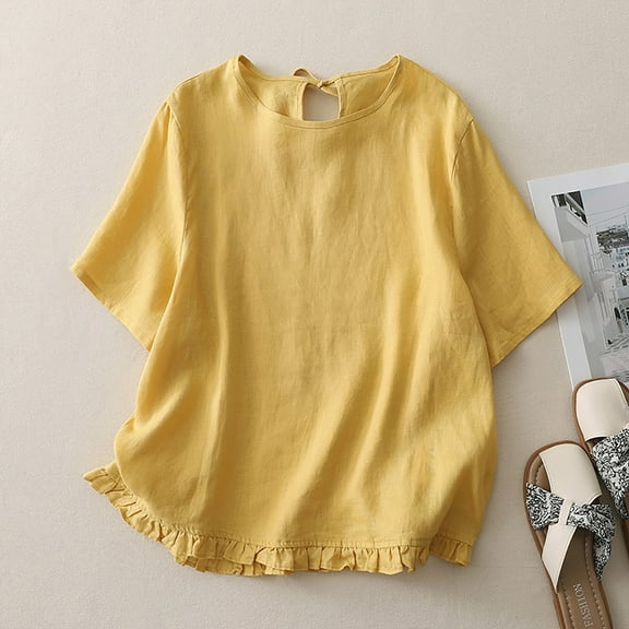 QUNYINEY Short Sleeve Tee Shirts Womens Linen Yellow Casual Tops Ruffle Hem Pullover Crew Neck Loose Classic T-Shirt
