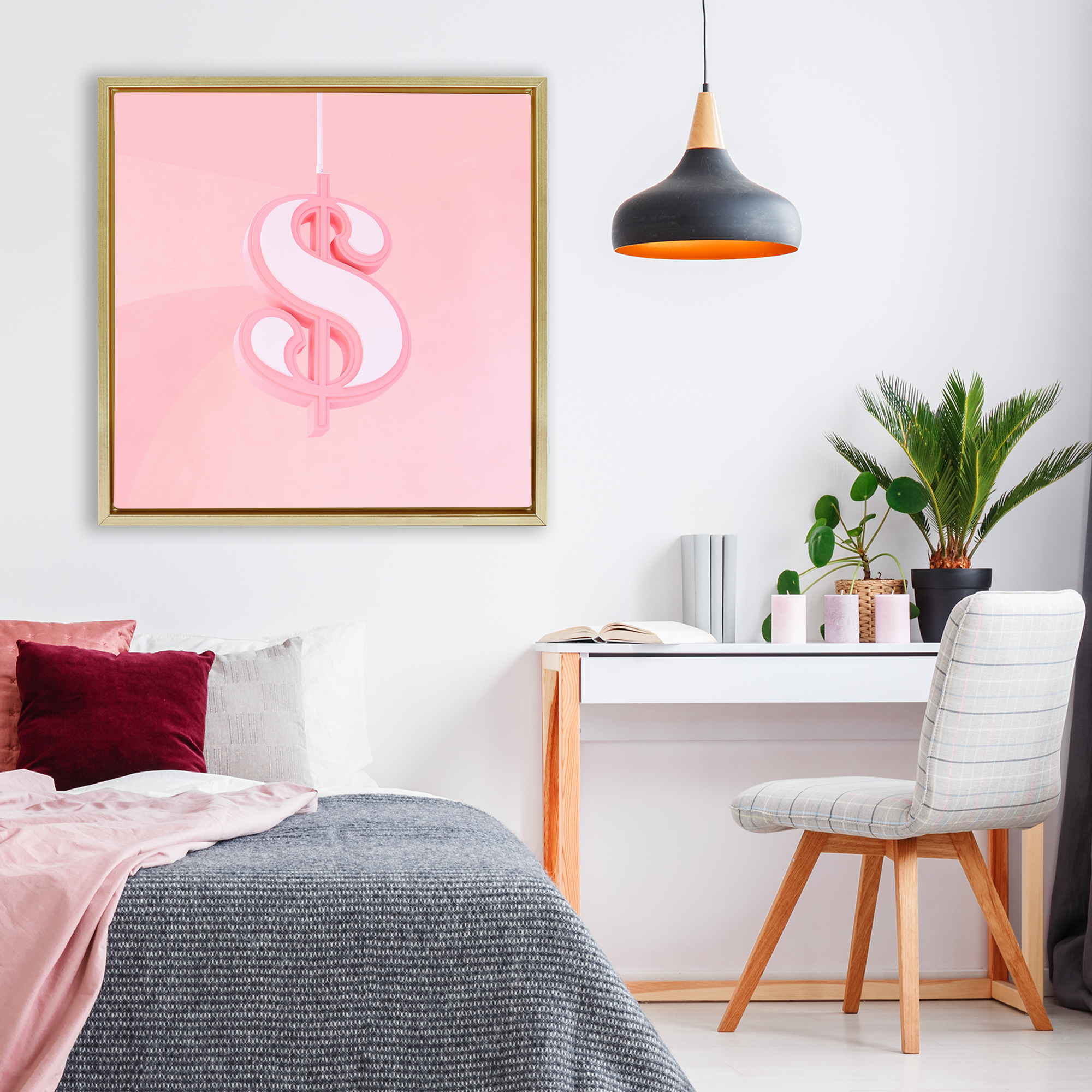 Pink Pastel Dollar Sign Gold Framed Floater Canvas Wall Art, design by LISH Creative