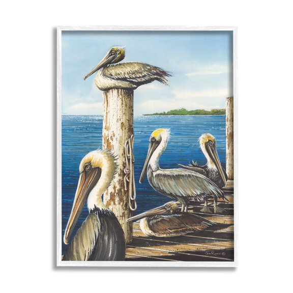 Stupell Industries Pelicans on Marine Dock Animals & Insects Painting White Framed Art Print Wall Art, 11 x 14