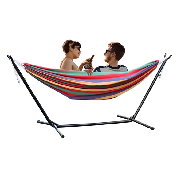 Zksm Double Hammock with Steel Stand, Indoor Outdoor Brazilian-Style Cotton Bed w/Carrying Bag, 2-Person Capacity