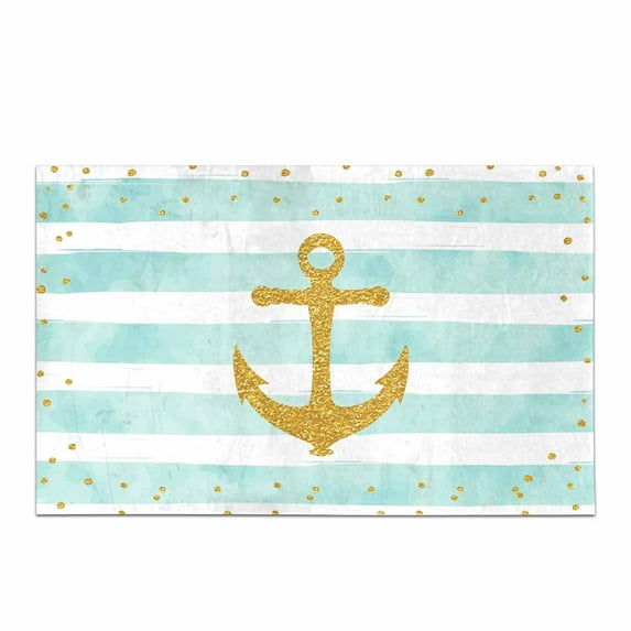 SUNENAT Summer Gold Glitter Nautical Anchor and Dots on Mint Stripes Non Slip Bath Rug Mats Shower Rug for Tub Bathroom Bedroom Home Decor Large Size 20 x 32 Inches