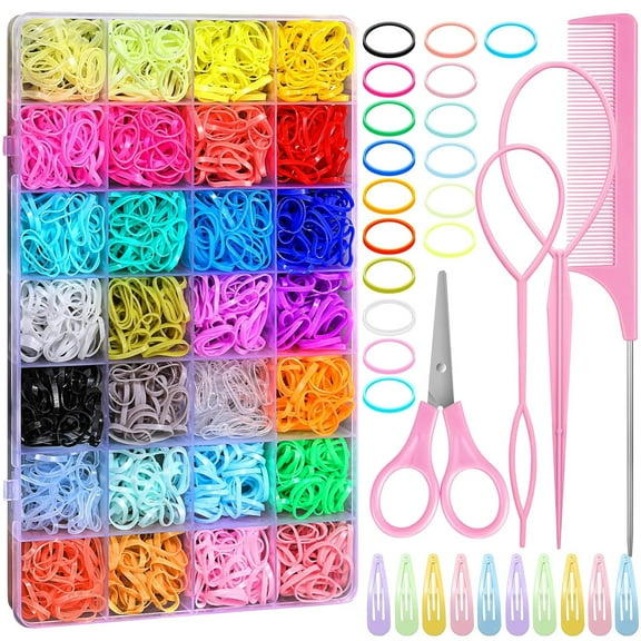 32 Colors Rubber Bands for Hair, 2000 Pcs Elastic Hair Bands Baby Girl Hair Ties Mini Hair Rubber Bands with 4 Hair Styling Tools 10 Hair Clips Hair Accessories for Toddler Baby Girl Kids