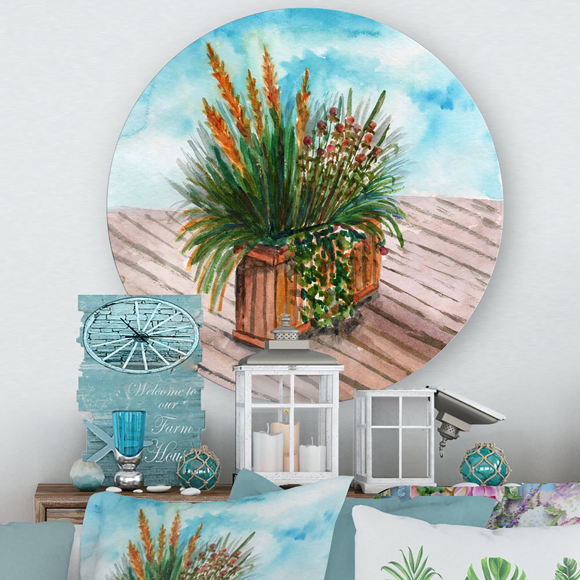 Designart 'Green Stems With Yellow Spikelets of Houseplant' Traditional Circle Metal Wall Art 11x11 - Disc of 11