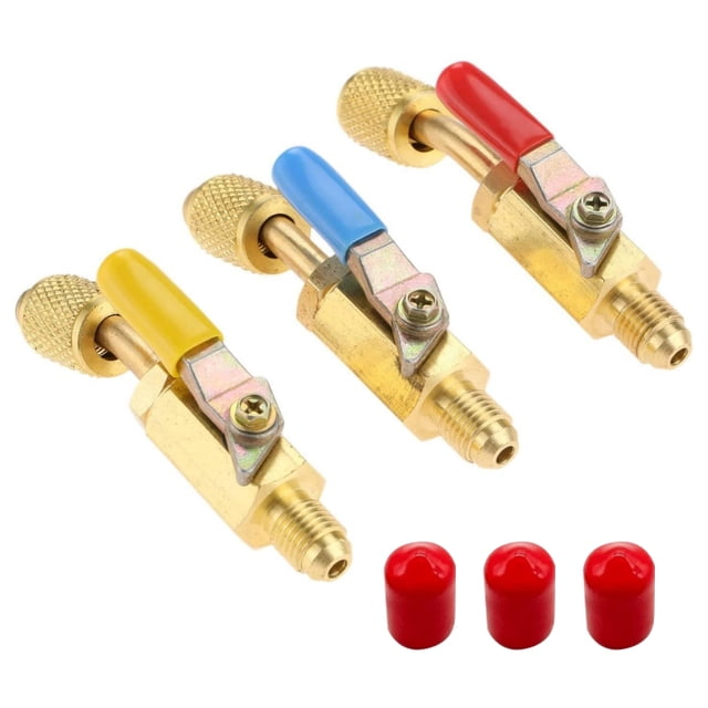 TAPDRA Valve à Bille de Réfrigérant CVC 1/4 SAE, Lot de 3, 45 Degrés pour R410A R134A R12 R22, Tuyaux de Chargement 800 PSI