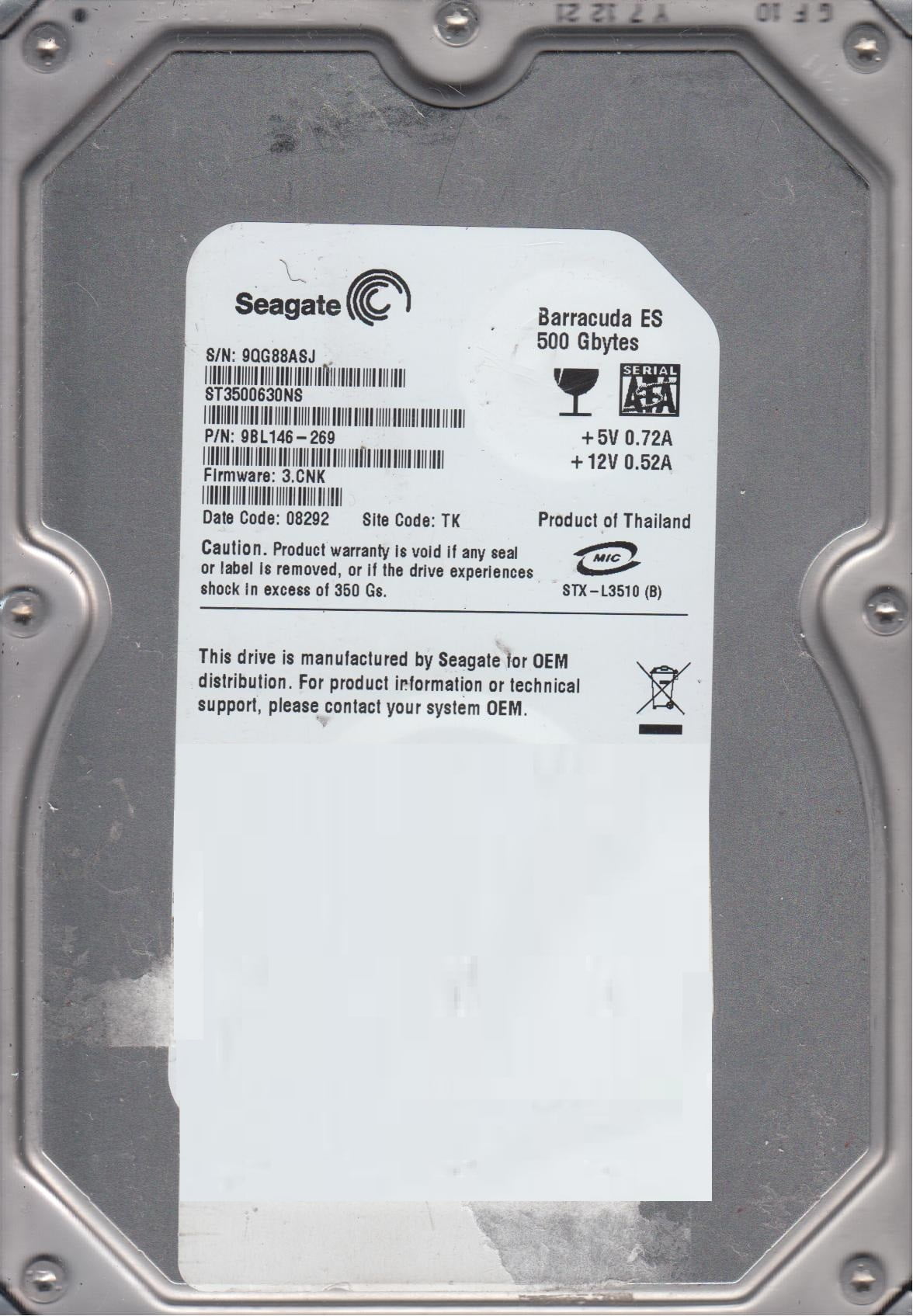 ST3500630NS, 9QG, TK, PN 9BL146-269, FW 3.CNK, Seagate 500GB ST3500630NS, 9QG, TK, PN 9BL146-269, FW 3.CNK, Seagate 500GB