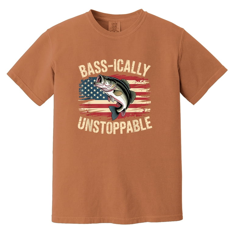 Bass-ically Unstoppable Fishing Shirt, Patriotic Bass Fisherman Tee, Funny American Flag Fishing T-Shirt Gift for Men