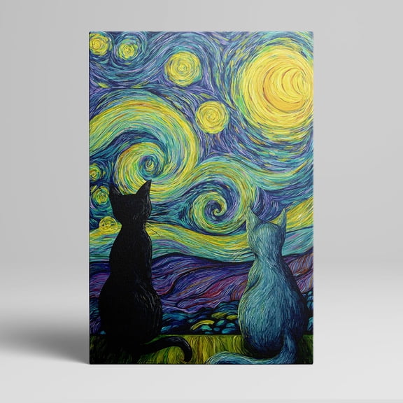 1pc Starry Night - inspired Canvas Wall Art with Two Cats in Silhouette, framed Decor room hanging Wall Picture Decor for Home Gifts, living room, bathroom, bedroom, kitchen wall art decor canvas