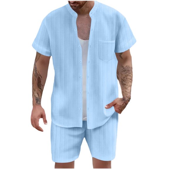 BLTIBY Men's Summer Beach Outfits 2 Piece Short Sleeve Button Shirts and Shorts Texture Vacation Sets Lightweight Sky Blue S