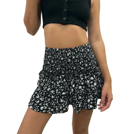 Thaisu Women Mini Pleated A Line Skirt Layered Ruffled Summer Elastic Bohemian Floral Skirt for Beaches Club Streetwear Tennis Skorts