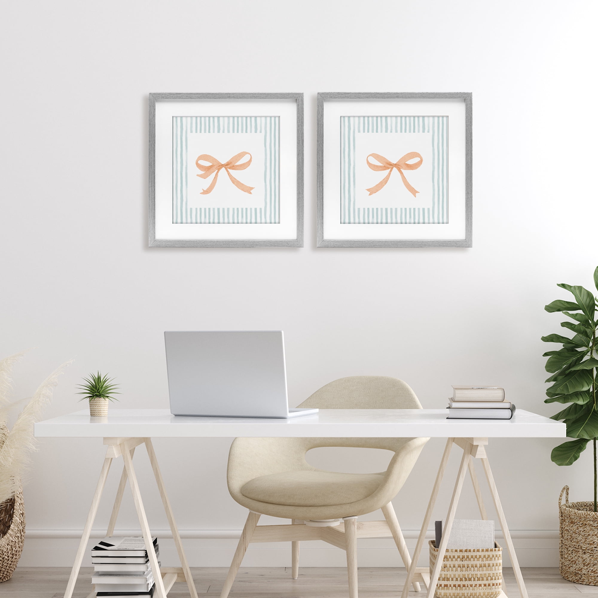 Stupell Industries Orange Bows and Blue Stripes 2 Piece Gray Framed Print Under Glass Set, design by Patricia Pinto