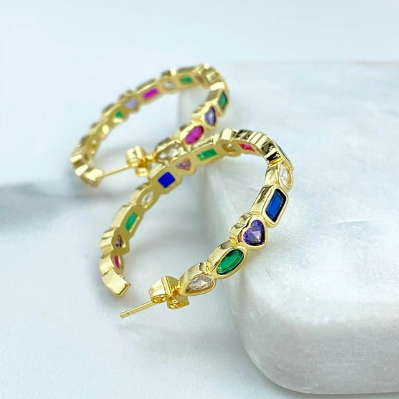 Multi-Color Mixed Stone C-Hoop Earrings, Colorful Zirconia Hoop Earrings,Wedding gift Wholesale Jewelry