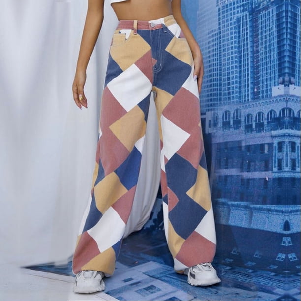 WILLBEST Pantalones Mujer Pantalones Vaqueros Holgados de Mezclilla para Mujer Con Bolsillo Con Cremallera, Pantalones Casuales Estampados, Pantalones Elásticos Cómodos para Uso Diario Extra Chica