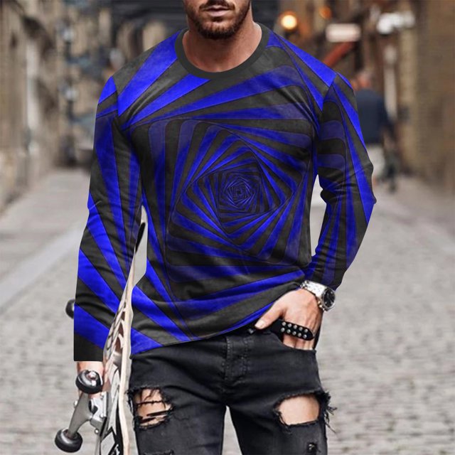 Blusas y camisas de manga larga con cuello redondo para hombre, blusa informal de manga larga con cuello redondo y estampado de rayas, blusa de poliéster para hombre