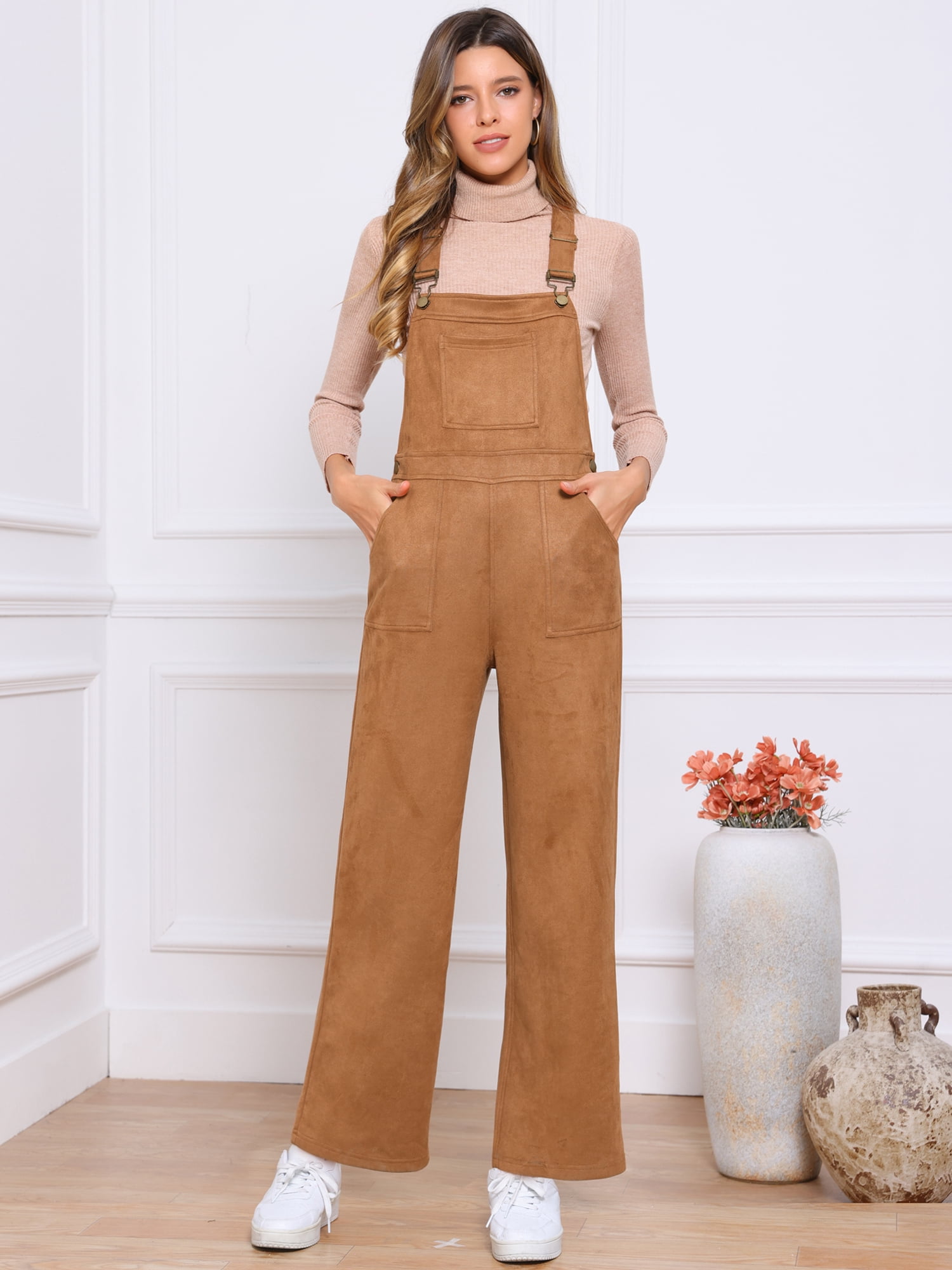 DARING DIVA Women's Adjustable Straps Wide Leg High Waisted Overalls with Pockets XS Brown