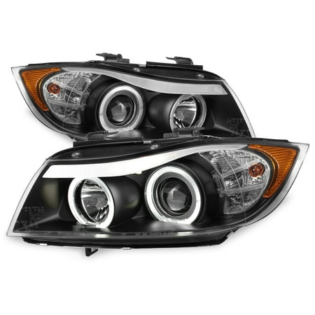 Fit 2006-2008 BMW E90 3-Series 4Door Black Halo LED Projector Eye LId (Best Halo Headlight Brand)