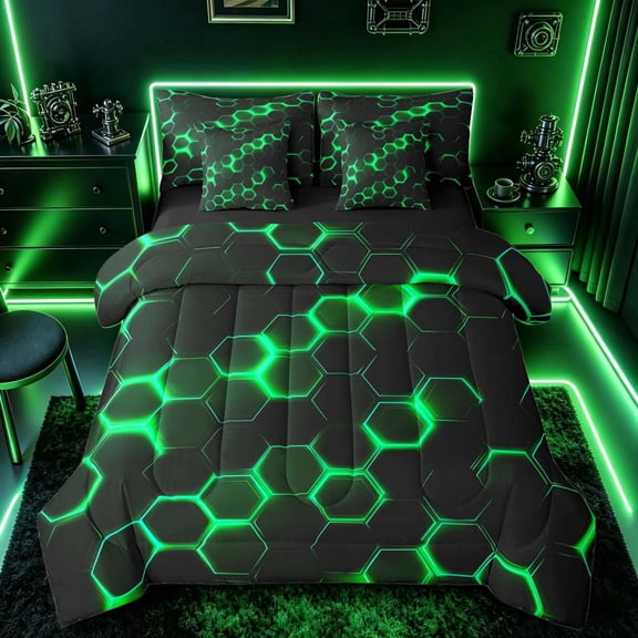 meiyoeat Neon Honeycomb Pattern Twin Bedding Sets for Boys Girls, Geometric Hexagon Bedding Comforter Set, Green, Black Reversible 7pcs