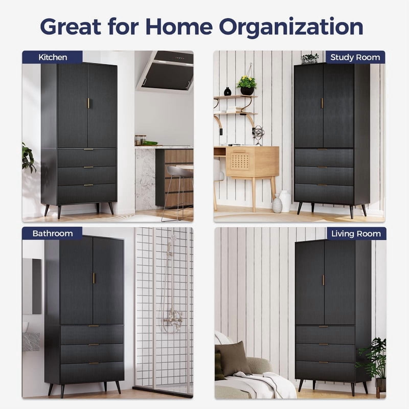 TOPCOMFY Modern Pantry Cabinet with 3 Drawers 2 Doors, Kitchen Storage Cupboard for Organization with Adjustable Shelves & Fluted Panel Design-Black