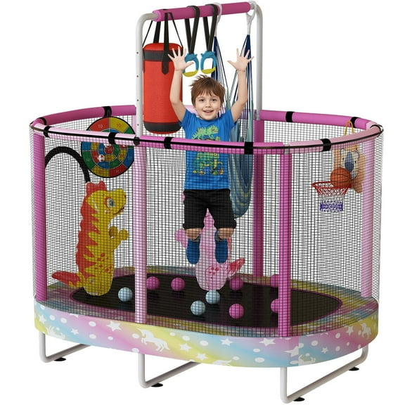 LinkRomat 7-in-1 60" Elliptic Trampoline for Kids, 500lbs Capacity Toddler Trampoline with Enclosure, Adjustable Height Handrail & Durable Designs for Boys & Girls, Indoor & Outdoor