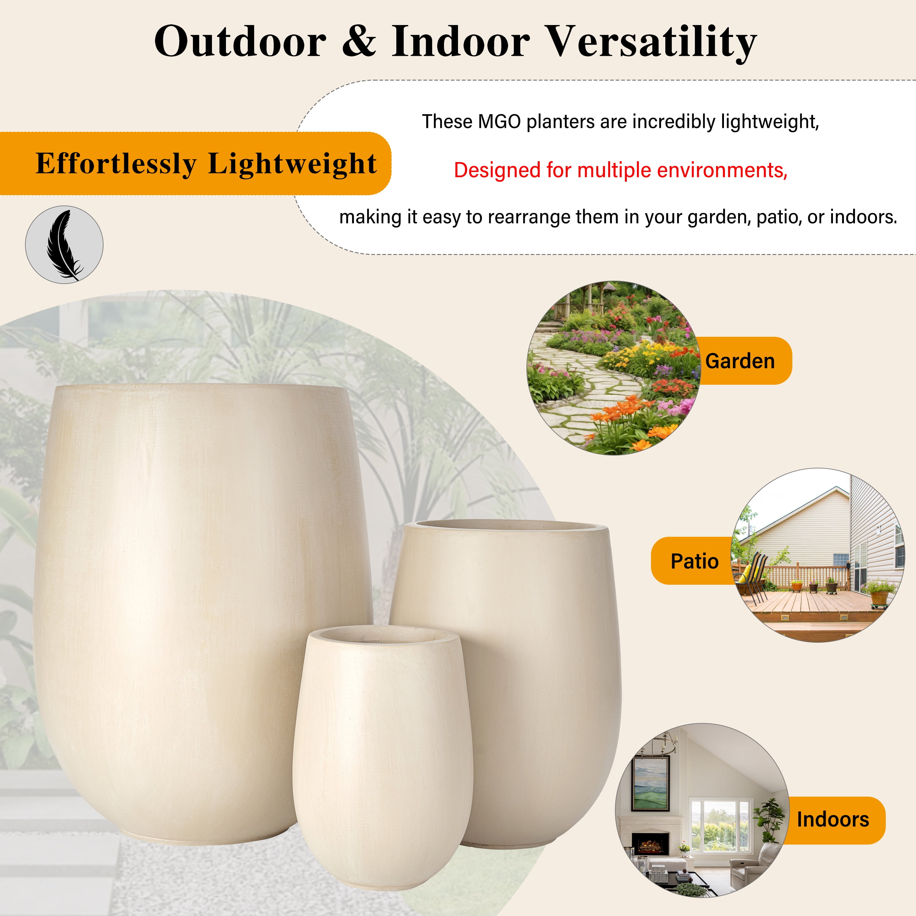 Mintazer Modern Planter Set of 3, 15.6"/10.74"/7.3" Round Stackable Flower Pots with Drainage Holes, Decorative Plant Pots for Indoor & Outdoor, Beige