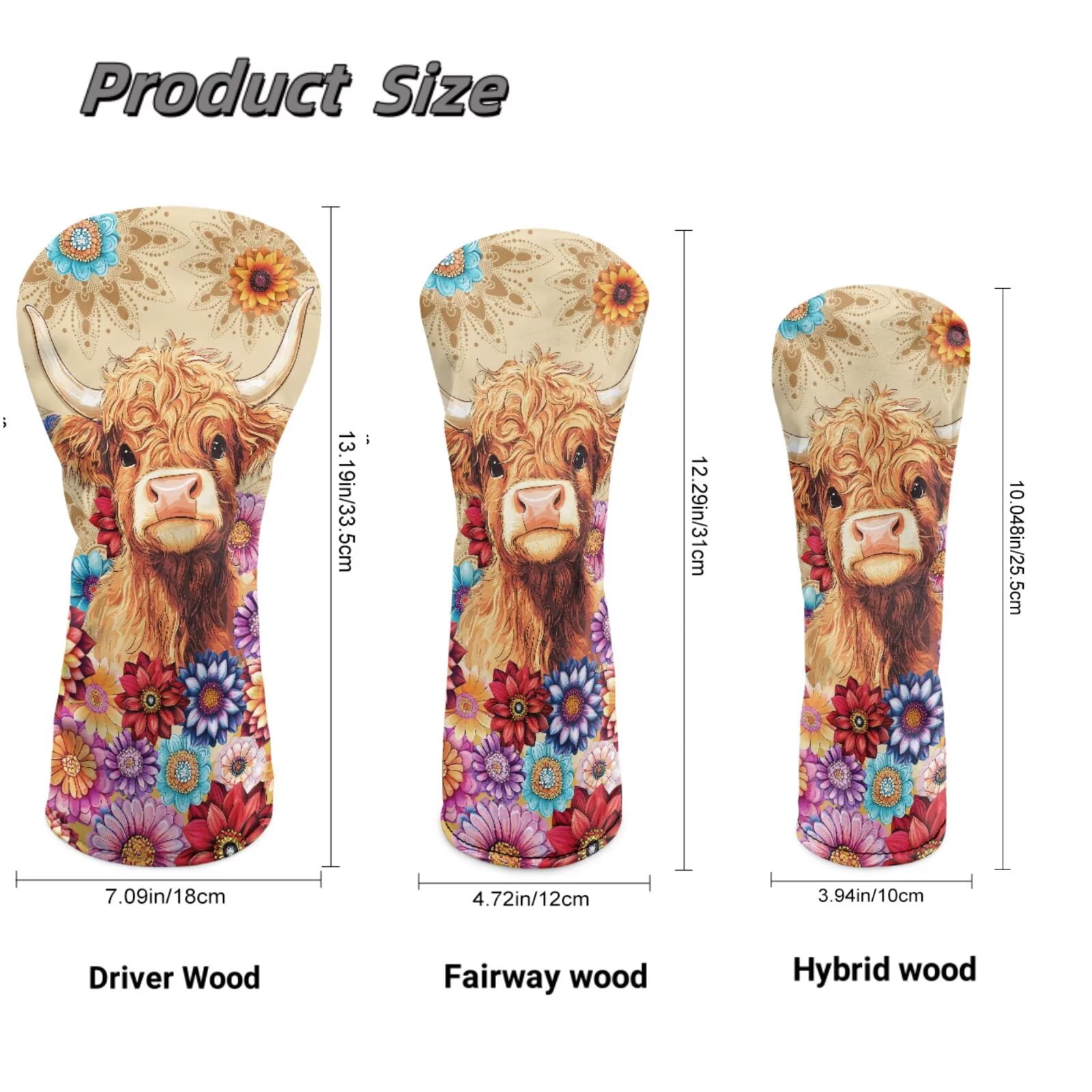 Uorisanigo Golf Club Head Covers Set - PU Leather Boho Floral Highland Cow Golf Club Covers for Driver, Woods and Hybrid, Premium Lightweight Head Cover with Anti-Scratch Protection