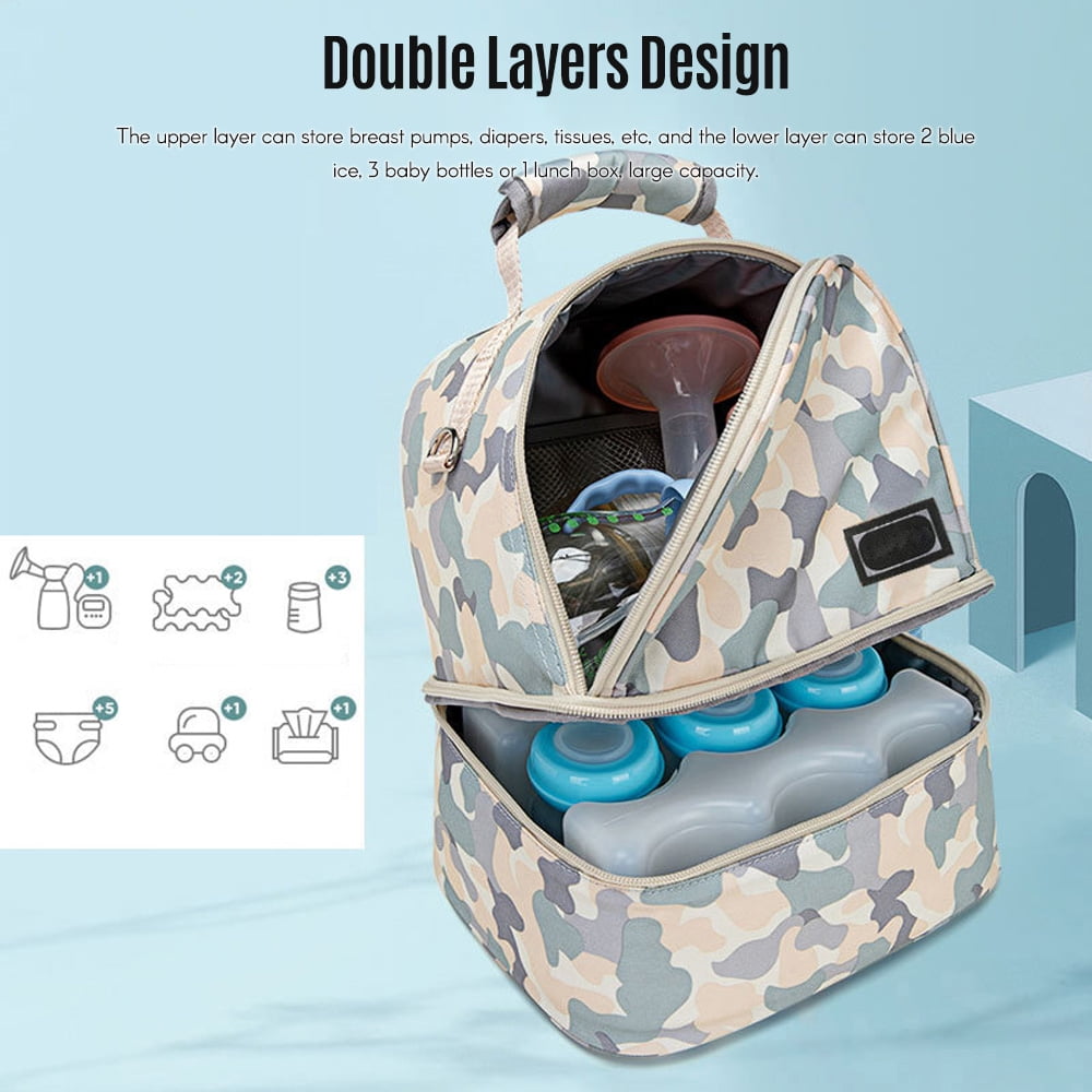 Double-Layer Breast Milk Cooler Bag Breast Pump Bag Fresh-Keeping Baby Bottle Storage Backpack Waterproof with Shoulder Straps Top Carry Handle for Breastfeeding Working Moms