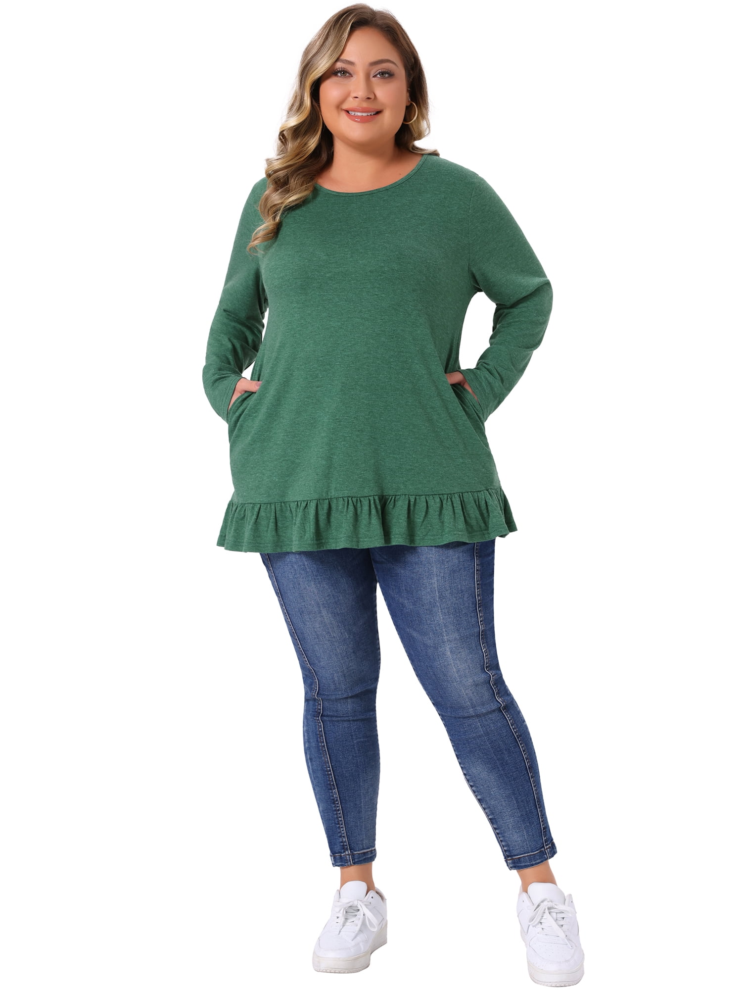 DARING DIVA Women's Plus Casual Long Sleeve Ruffled Hem Blouse 2X Green