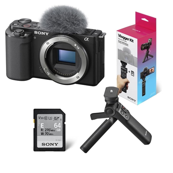 ZV-E10 Mirrorless Camera, Black Bundle with ACCVC1 Vlogger Accessory Kit Shooting Grip and 64GB SD Card
